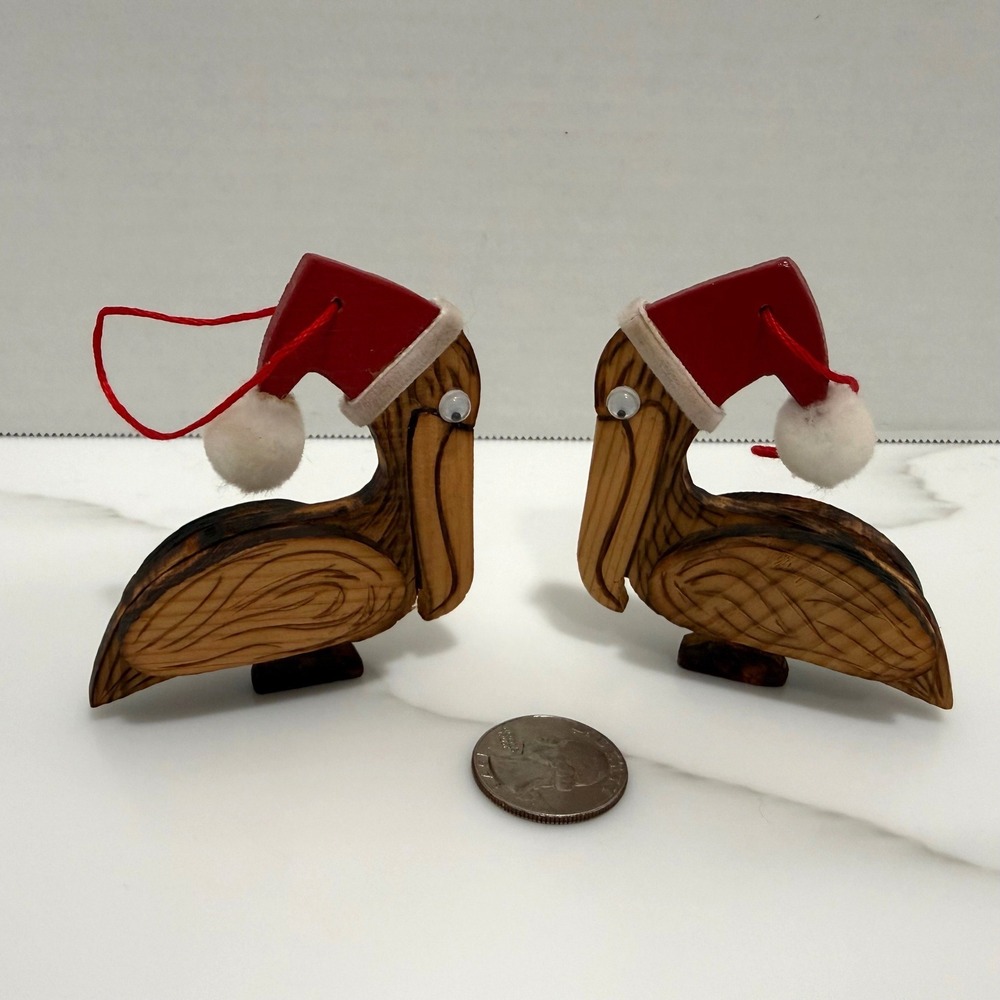 Vintage 3D Wooden Pelican Christmas Ornaments Handmade Pair Santa Hats Folk Art